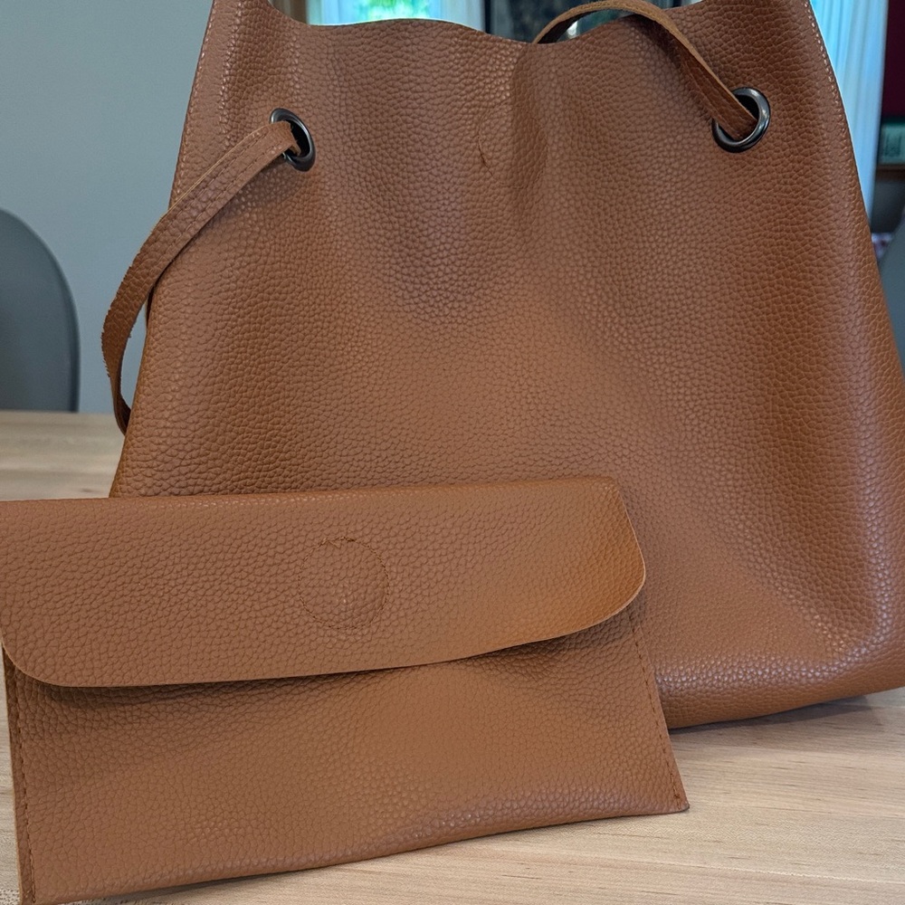 Chic Brown Leather Shoulder Bag and Clutch Set